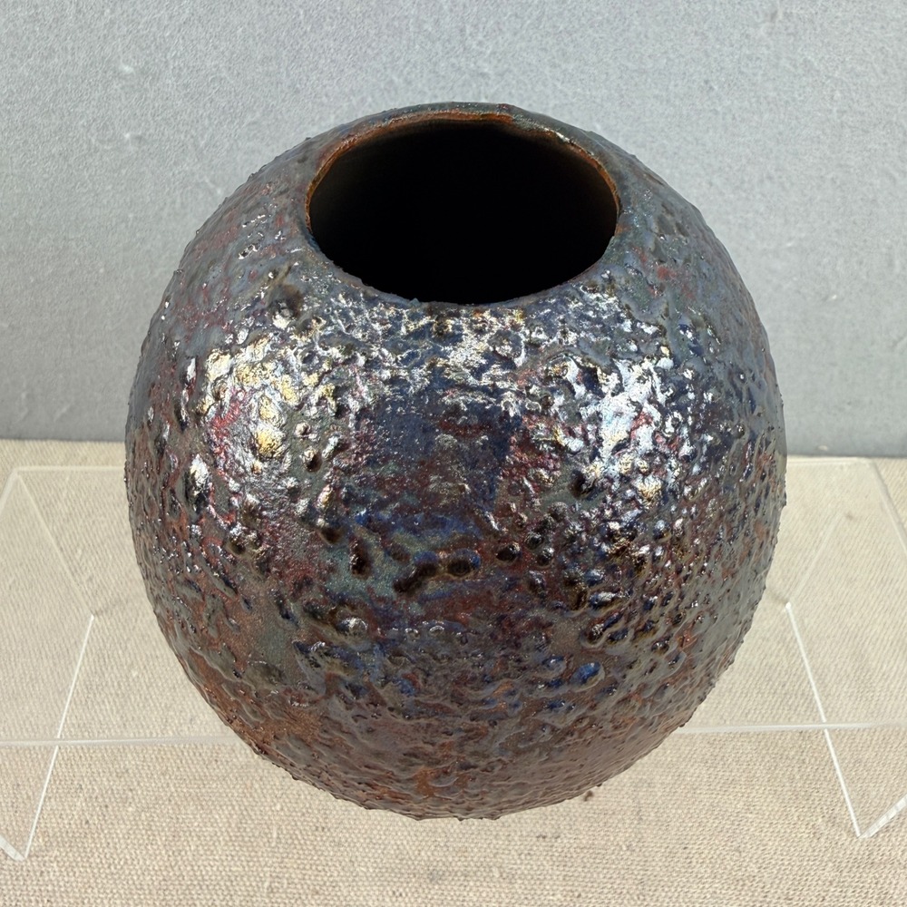 Studio Art Pottery Signed‎ Roger Spherical Globe Vase Volcanic Metallic Glaze 5"